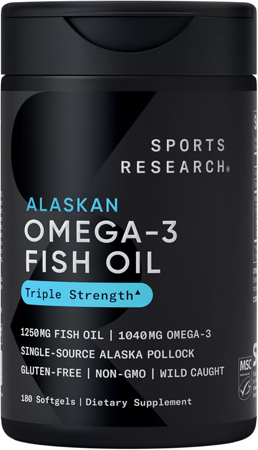 Sports Research Triple Strength Omega-3 Fish Oil 1250mg | Wild Alaskan Pollock | EPA & DHA Burpless Supplement | Non-GMO, Gluten-Free, 30 Softgels
