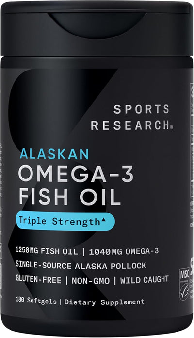 Sports Research Triple Strength Omega-3 Fish Oil 1250mg | Wild Alaskan Pollock | EPA & DHA Burpless Supplement | Non-GMO, Gluten-Free, 30 Softgels