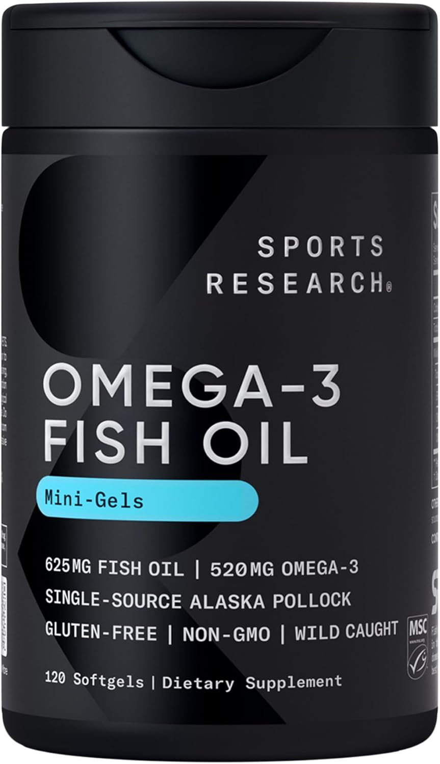 Sports Research Triple Strength Omega-3 Fish Oil 1250mg | Wild Alaskan Pollock | EPA & DHA Burpless Supplement | Non-GMO, Gluten-Free, 30 Softgels