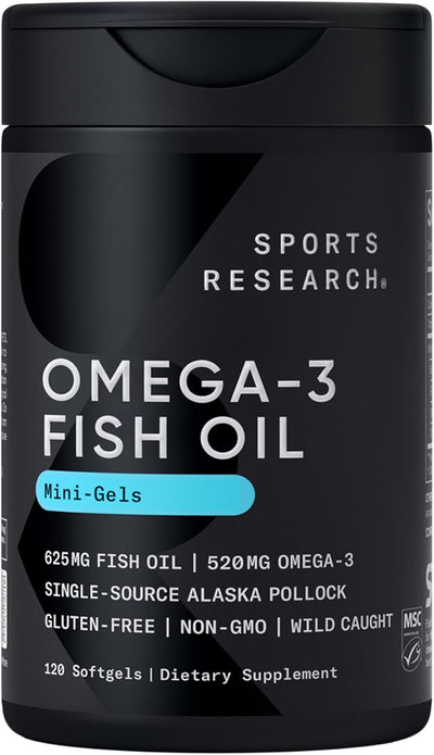Sports Research Triple Strength Omega-3 Fish Oil 1250mg | Wild Alaskan Pollock | EPA & DHA Burpless Supplement | Non-GMO, Gluten-Free, 30 Softgels