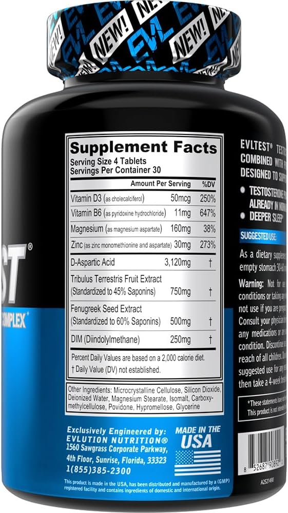 EVLTest Testosterone Booster for Men – Complete Natural Testosterone Support & Estrogen Blocker with DIM, D-Aspartic Acid & Tribulus – Post Workout Recovery, Energy, Strength, Muscle Growth & Vitality Supplement