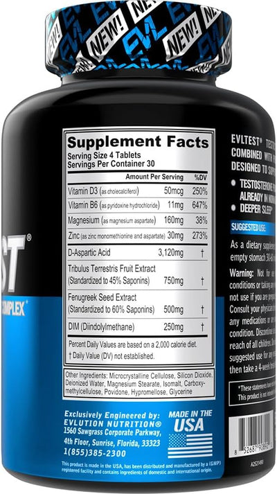 EVLTest Testosterone Booster for Men – Complete Natural Testosterone Support & Estrogen Blocker with DIM, D-Aspartic Acid & Tribulus – Post Workout Recovery, Energy, Strength, Muscle Growth & Vitality Supplement