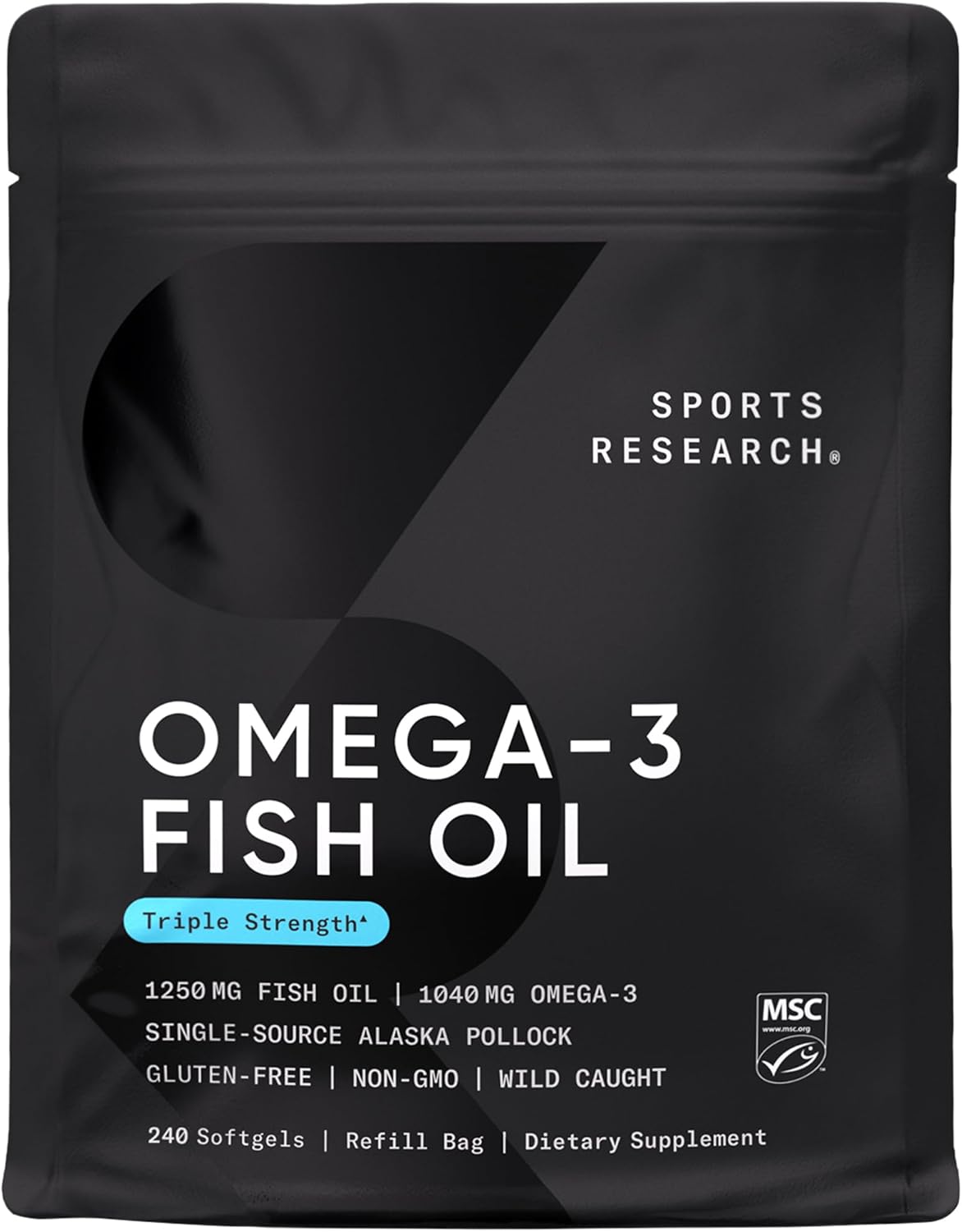 Sports Research Triple Strength Omega-3 Fish Oil 1250mg | Wild Alaskan Pollock | EPA & DHA Burpless Supplement | Non-GMO, Gluten-Free, 30 Softgels