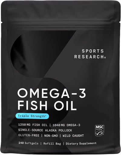 Sports Research Triple Strength Omega-3 Fish Oil 1250mg | Wild Alaskan Pollock | EPA & DHA Burpless Supplement | Non-GMO, Gluten-Free, 30 Softgels