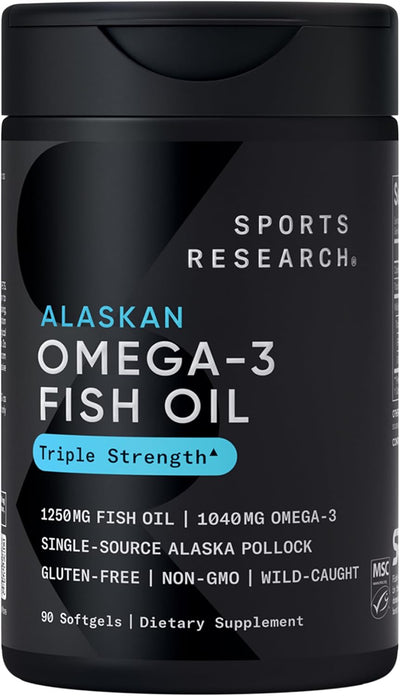 Sports Research Triple Strength Omega-3 Fish Oil 1250mg | Wild Alaskan Pollock | EPA & DHA Burpless Supplement | Non-GMO, Gluten-Free, 30 Softgels