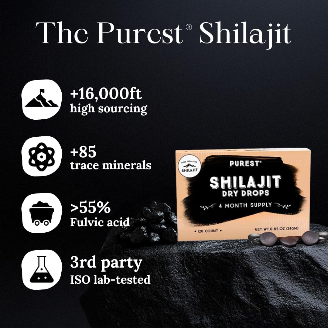 Pure Himalayan Shilajit Dry Drops – 100% Natural, 85+ Trace Minerals & Fulvic Acid for Energy, Metabolism & Immune Support – 60 Tablets