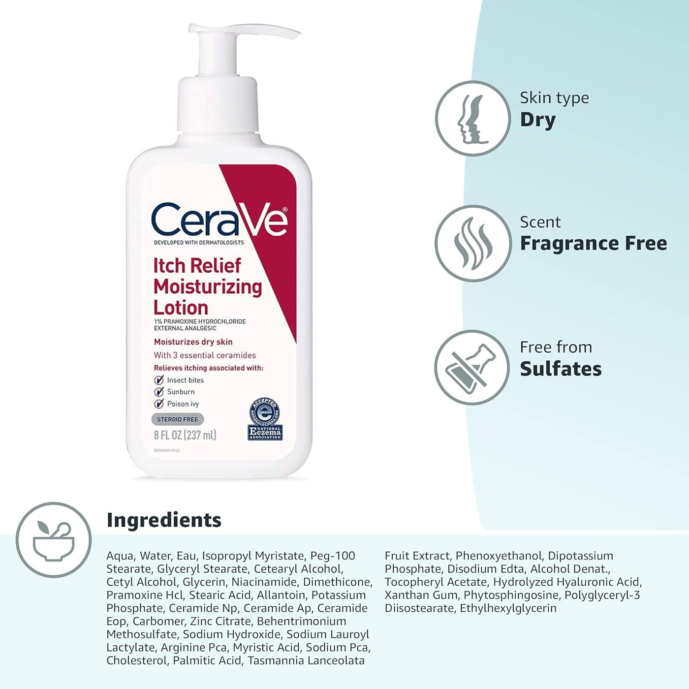 CeraVe Anti-Itch Moisturizing Lotion with Pramoxine | Itch Relief for Dry Skin, Bug Bites & Sunburn, 8 oz