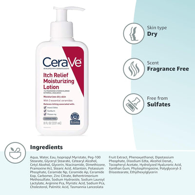 CeraVe Anti-Itch Moisturizing Lotion with Pramoxine | Itch Relief for Dry Skin, Bug Bites & Sunburn, 8 oz
