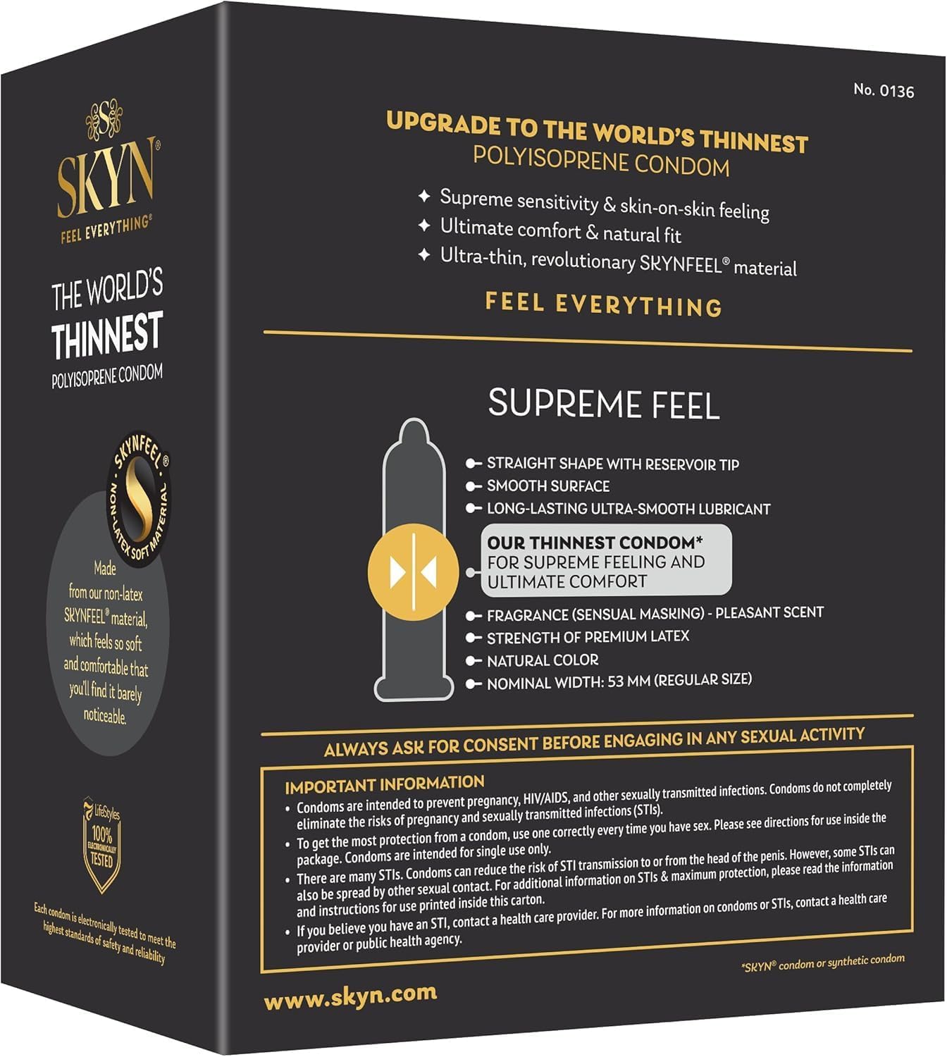 SKYN Supreme Feel Non-Latex Condoms – Ultra-Thin, Natural Fit & Pre-Lubricated for Enhanced Comfort & Sensitivity – 30 Count