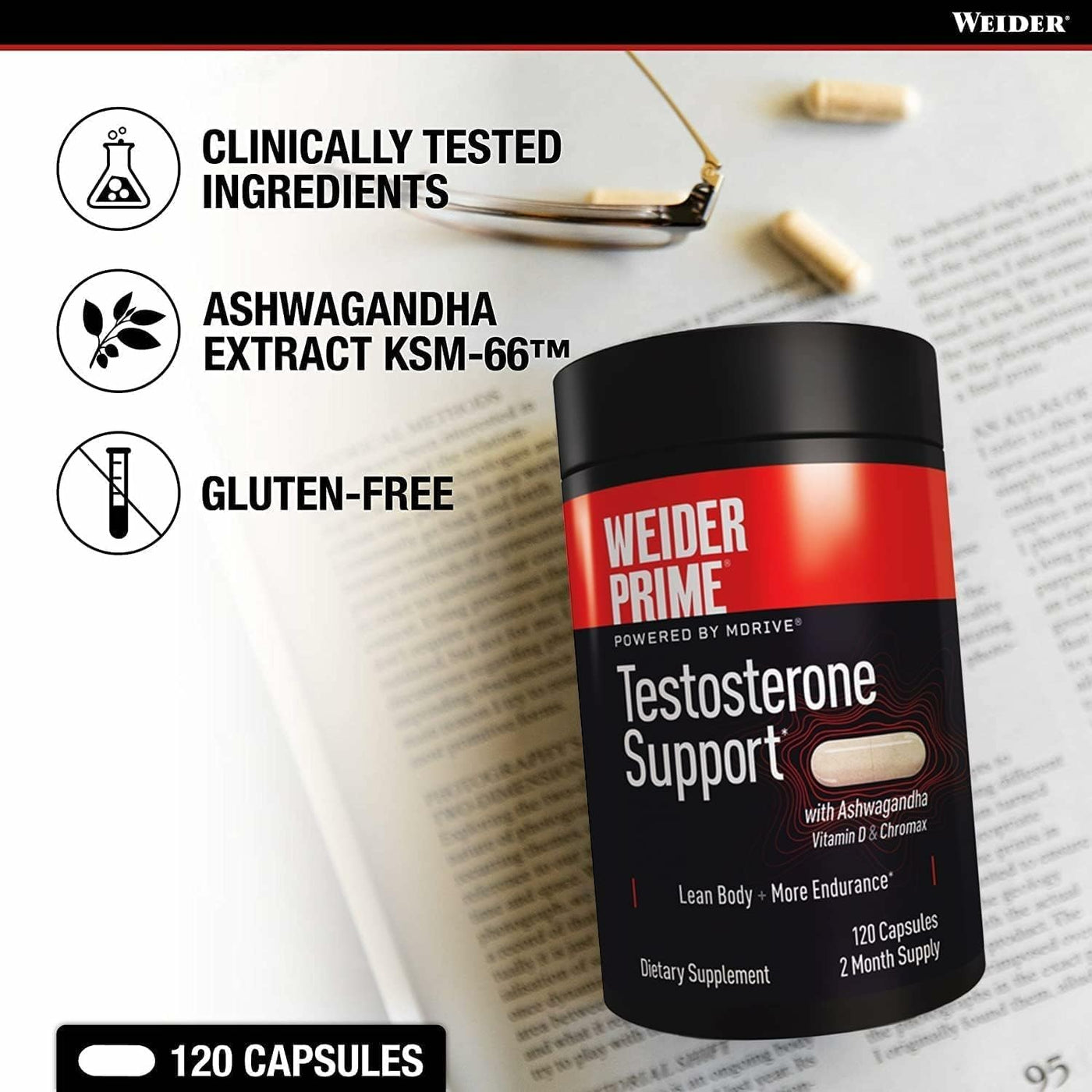 Weider Prime Testosterone Support for Men – Natural Test Booster with Ashwagandha, Chromax Chromium, Zinc & Bioperine – Men’s Health & Vitality Supplement with Vitamins & Minerals – Gluten Free – 120 Capsules