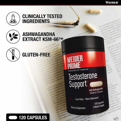 Weider Prime Testosterone Support for Men – Natural Test Booster with Ashwagandha, Chromax Chromium, Zinc & Bioperine – Men’s Health & Vitality Supplement with Vitamins & Minerals – Gluten Free – 120 Capsules