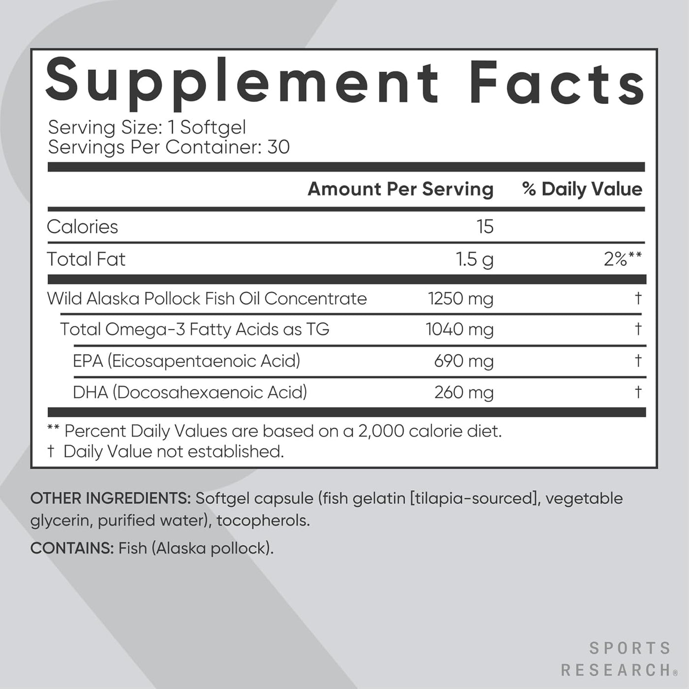 Sports Research Triple Strength Omega-3 Fish Oil 1250mg | Wild Alaskan Pollock | EPA & DHA Burpless Supplement | Non-GMO, Gluten-Free, 30 Softgels