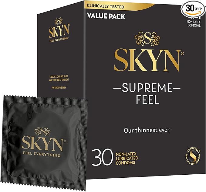 SKYN Supreme Feel Non-Latex Condoms – Ultra-Thin, Natural Fit & Pre-Lubricated for Enhanced Comfort & Sensitivity – 30 Count