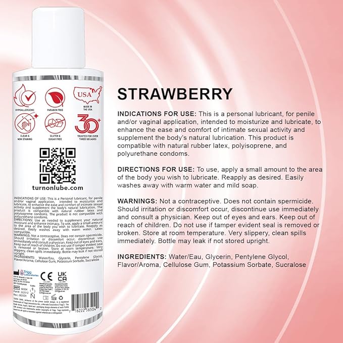 Turn On Strawberry Flavored Personal Lubricant – Water-Based, Sugar-Free Lube for Men, Women & Couples – Condom Safe, Long-Lasting Intimate Gel, 8 fl oz