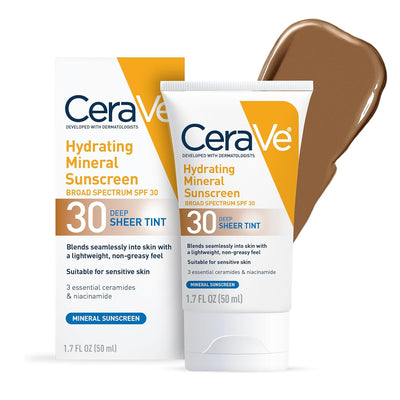CeraVe Hydrating Mineral Sunscreen SPF 30 with Sheer Tint | Tinted Face Sunscreen with Zinc Oxide, 1.7 oz