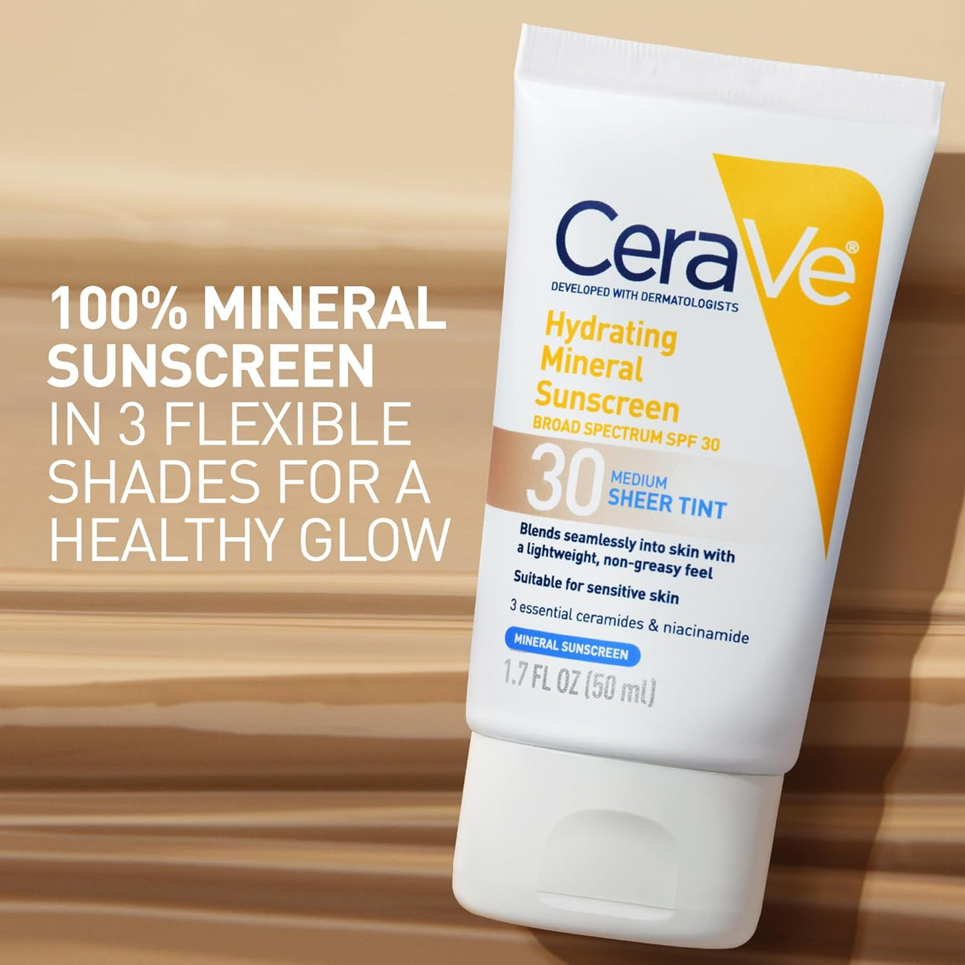 CeraVe Hydrating Mineral Sunscreen SPF 30 with Sheer Tint | Tinted Face Sunscreen with Zinc Oxide, 1.7 oz