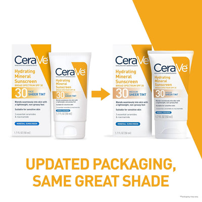 CeraVe Hydrating Mineral Sunscreen SPF 30 with Sheer Tint | Tinted Face Sunscreen with Zinc Oxide, 1.7 oz