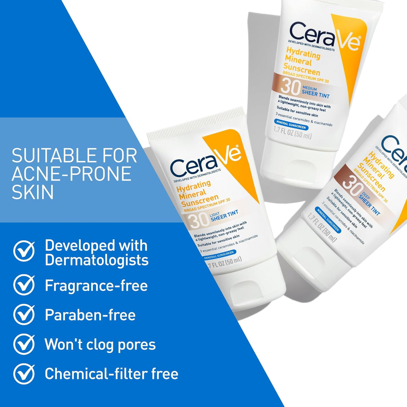 CeraVe Hydrating Mineral Sunscreen SPF 30 with Sheer Tint | Tinted Face Sunscreen with Zinc Oxide, 1.7 oz