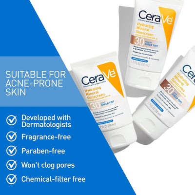 CeraVe Hydrating Mineral Sunscreen SPF 30 with Sheer Tint | Tinted Face Sunscreen with Zinc Oxide, 1.7 oz
