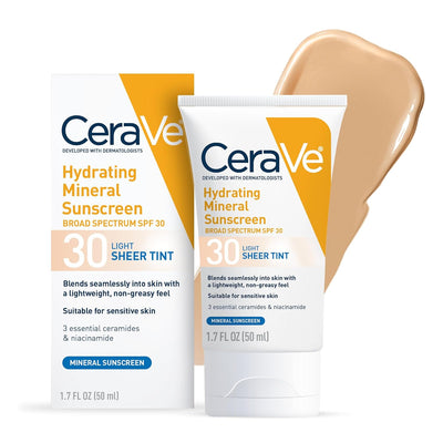 CeraVe Hydrating Mineral Sunscreen SPF 30 with Sheer Tint | Tinted Face Sunscreen with Zinc Oxide, 1.7 oz