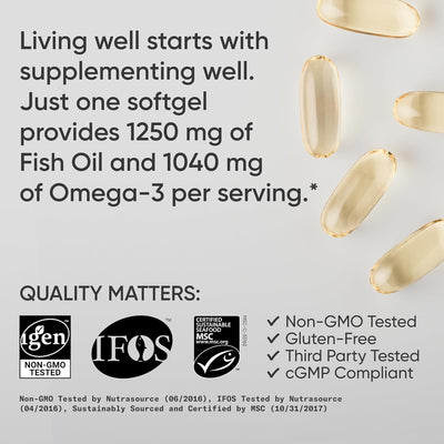 Sports Research Triple Strength Omega-3 Fish Oil 1250mg | Wild Alaskan Pollock | EPA & DHA Burpless Supplement | Non-GMO, Gluten-Free, 30 Softgels