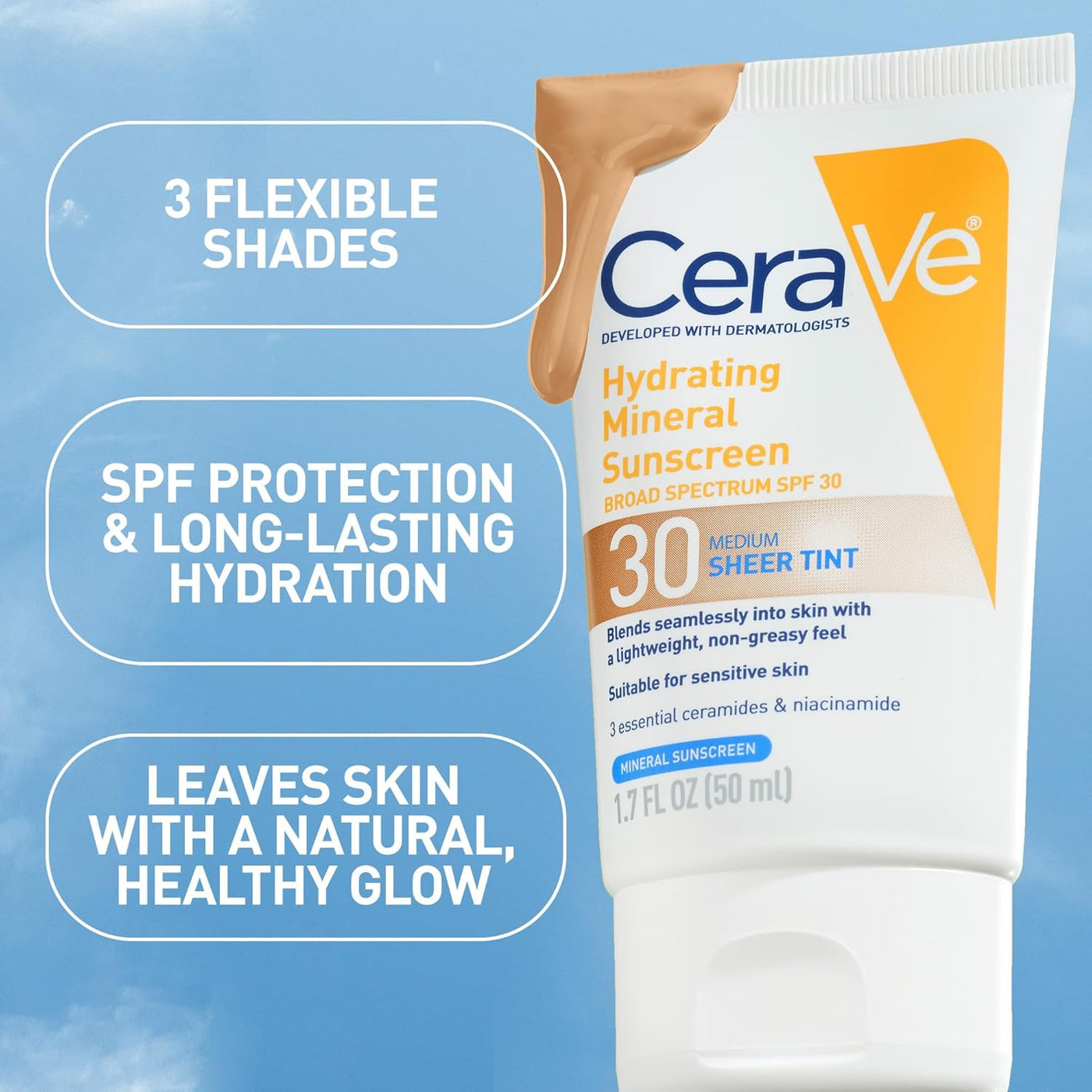 CeraVe Hydrating Mineral Sunscreen SPF 30 with Sheer Tint | Tinted Face Sunscreen with Zinc Oxide, 1.7 oz
