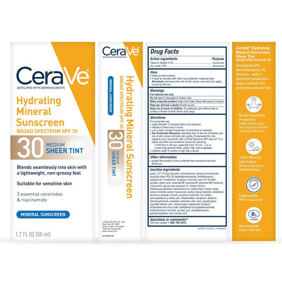 CeraVe Hydrating Mineral Sunscreen SPF 30 with Sheer Tint | Tinted Face Sunscreen with Zinc Oxide, 1.7 oz