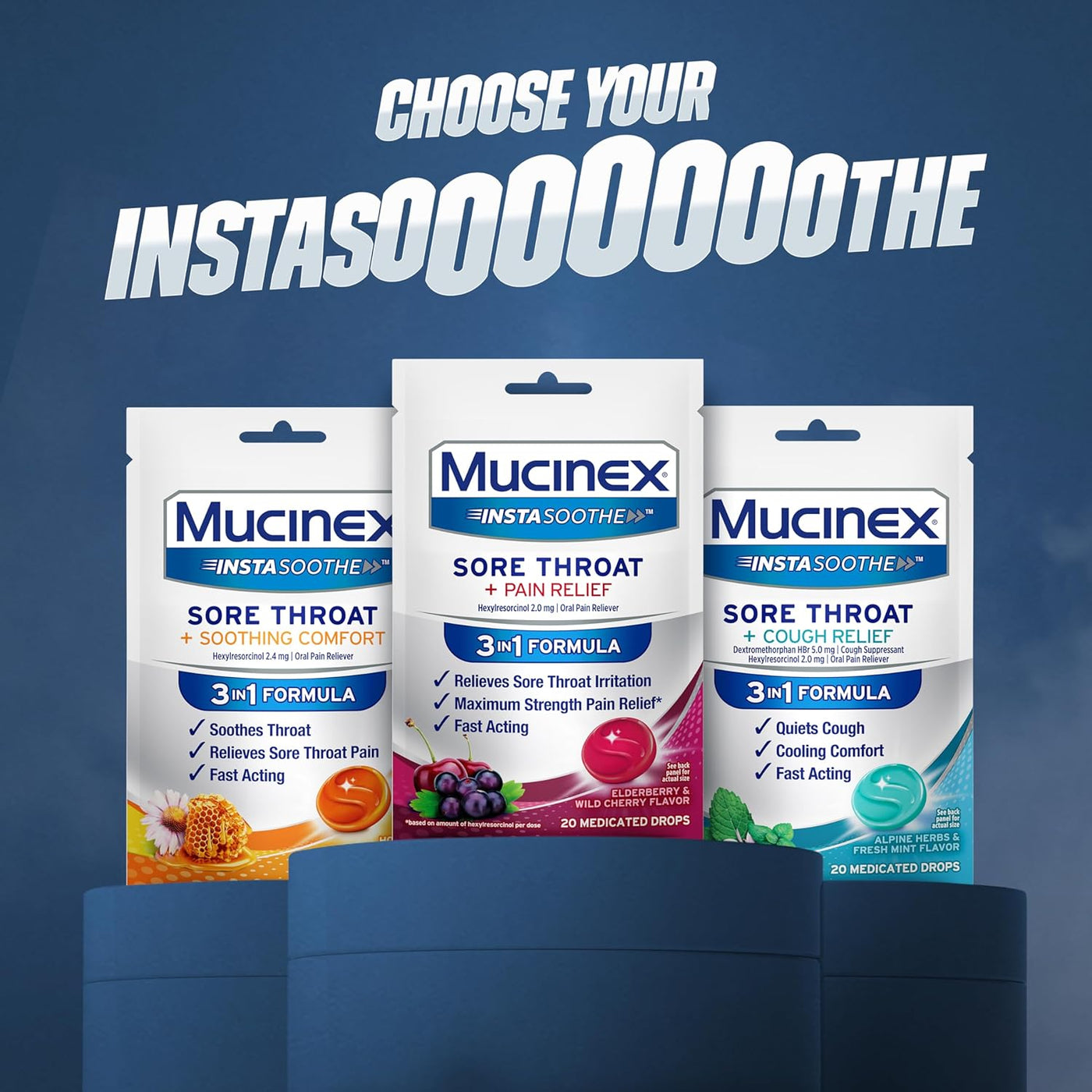"Mucinex InstaSoothe Sore Throat Lozenges – Fast Sore Throat Relief with Hexylresorcinol – Elderberry & Wild Cherry Medicated Throat Drops, 40 Count"