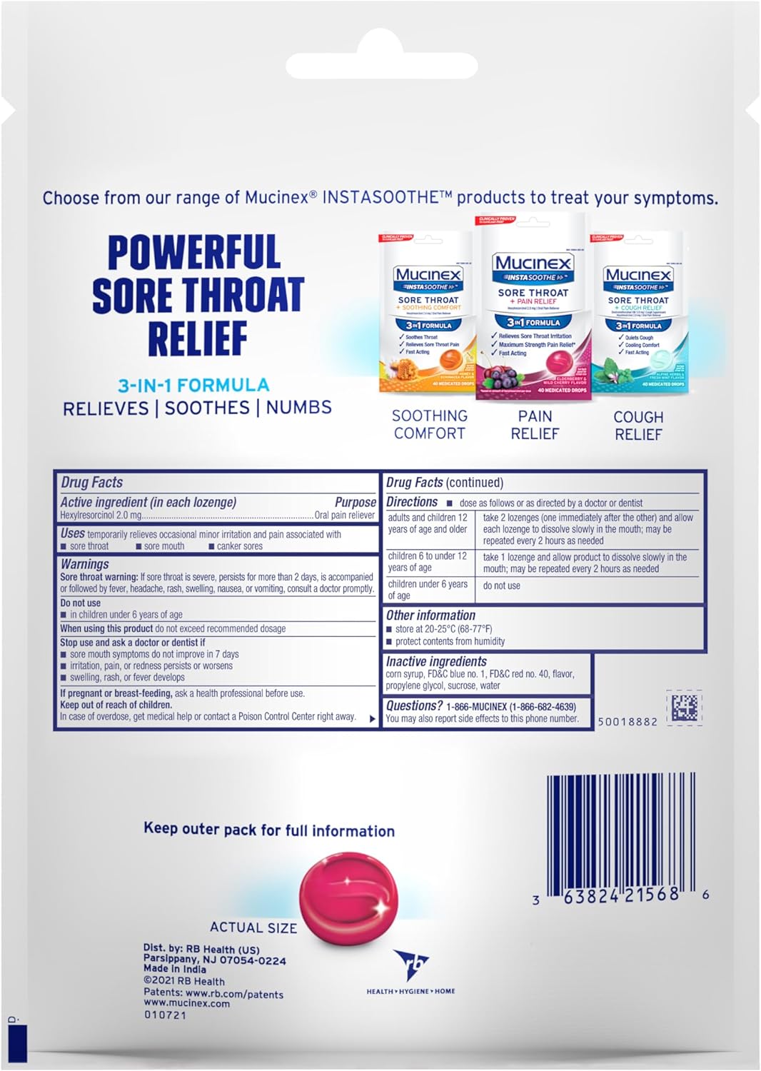 "Mucinex InstaSoothe Sore Throat Lozenges – Fast Sore Throat Relief with Hexylresorcinol – Elderberry & Wild Cherry Medicated Throat Drops, 40 Count"