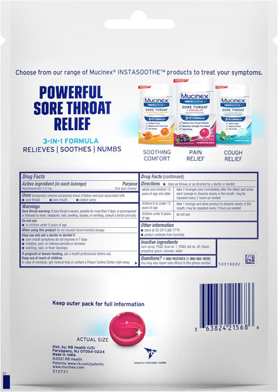 "Mucinex InstaSoothe Sore Throat Lozenges – Fast Sore Throat Relief with Hexylresorcinol – Elderberry & Wild Cherry Medicated Throat Drops, 40 Count"
