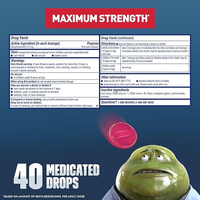 "Mucinex InstaSoothe Sore Throat Lozenges – Fast Sore Throat Relief with Hexylresorcinol – Elderberry & Wild Cherry Medicated Throat Drops, 40 Count"