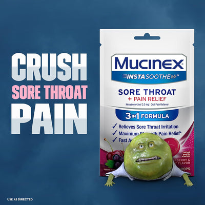 "Mucinex InstaSoothe Sore Throat Lozenges – Fast Sore Throat Relief with Hexylresorcinol – Elderberry & Wild Cherry Medicated Throat Drops, 40 Count"