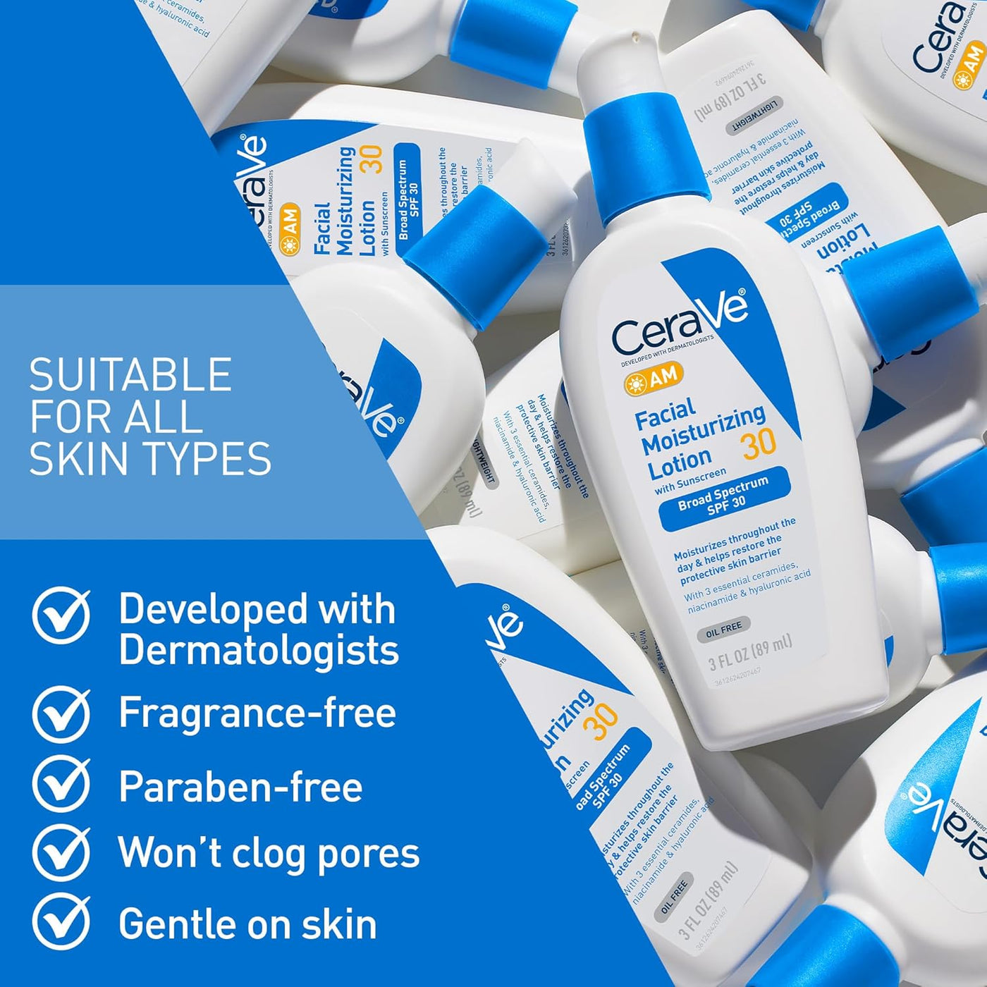 CeraVe AM Facial Moisturizing Lotion with SPF 30 | Oil-Free Daily Face Moisturizer with Hyaluronic Acid & Niacinamide, 3 oz
