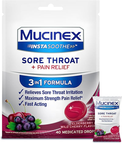 "Mucinex InstaSoothe Sore Throat Lozenges – Fast Sore Throat Relief with Hexylresorcinol – Elderberry & Wild Cherry Medicated Throat Drops, 40 Count"