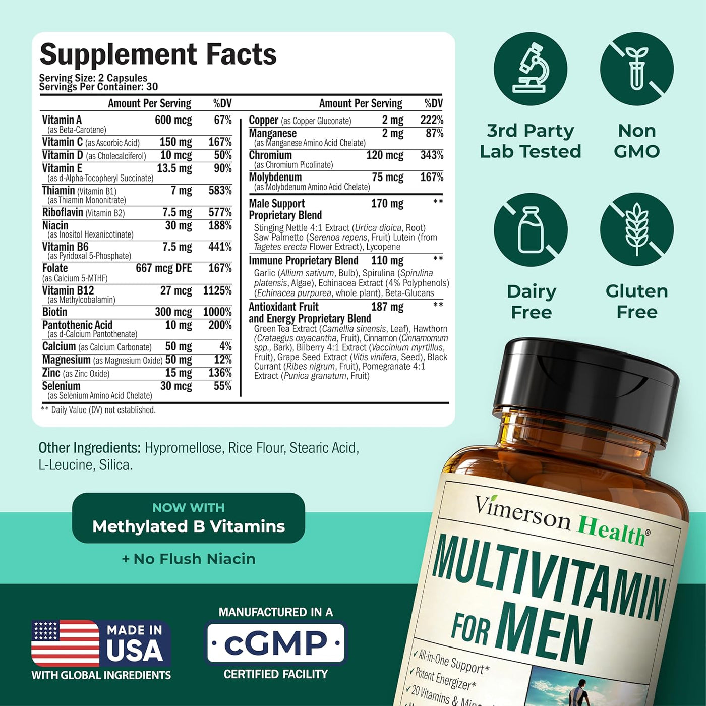Men’s Multivitamin – High Potency Methylated Vitamins & Minerals with B12, D, Zinc & Magnesium for Daily Energy & Immune Support