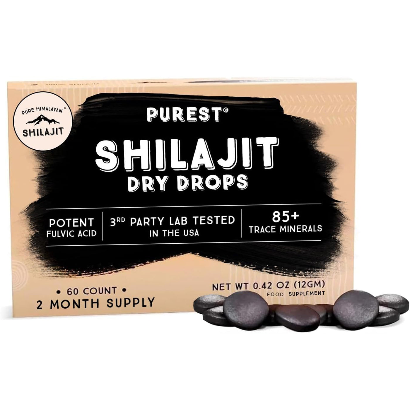 Pure Himalayan Shilajit Dry Drops – 100% Natural, 85+ Trace Minerals & Fulvic Acid for Energy, Metabolism & Immune Support – 60 Tablets