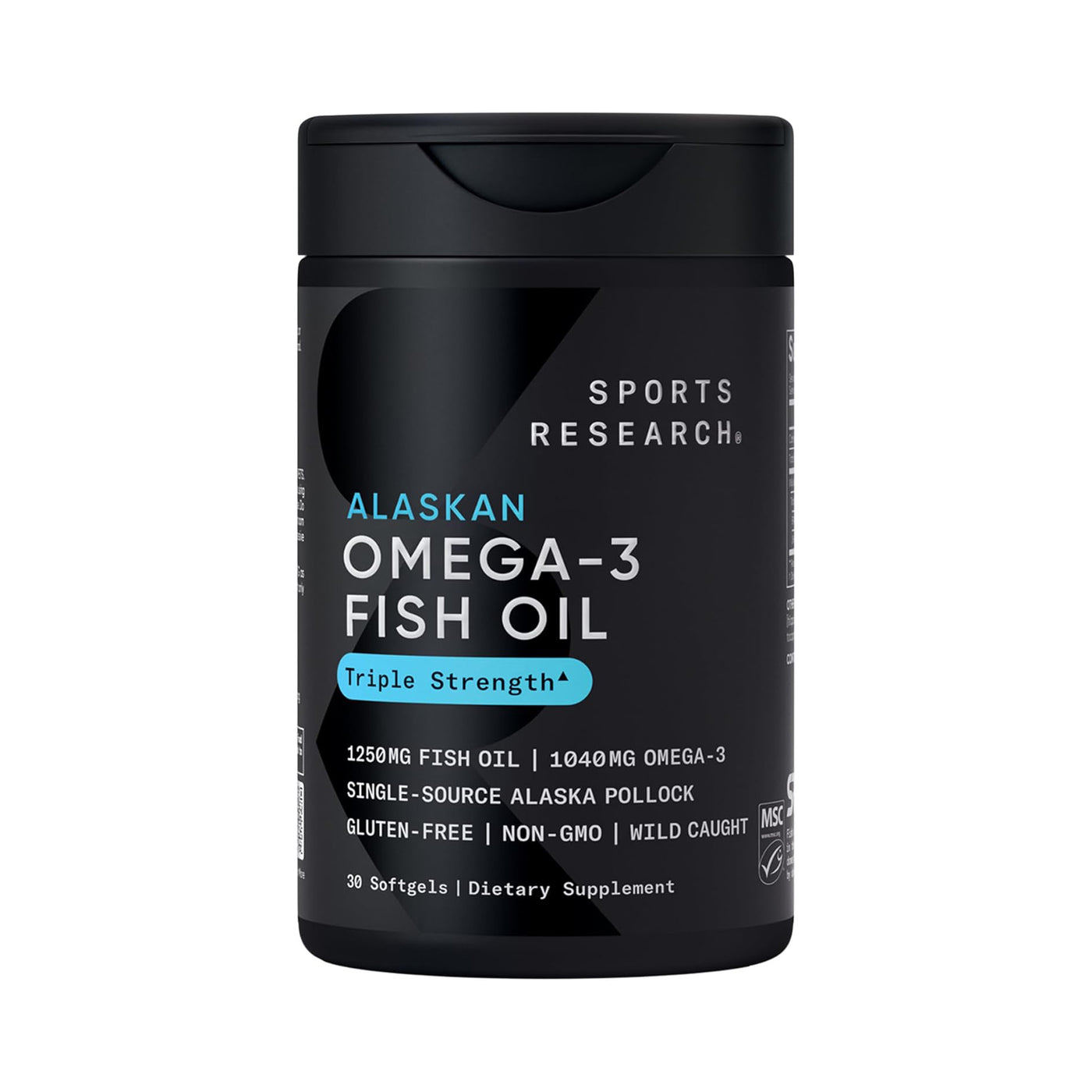 Sports Research Triple Strength Omega-3 Fish Oil 1250mg | Wild Alaskan Pollock | EPA & DHA Burpless Supplement | Non-GMO, Gluten-Free, 30 Softgels