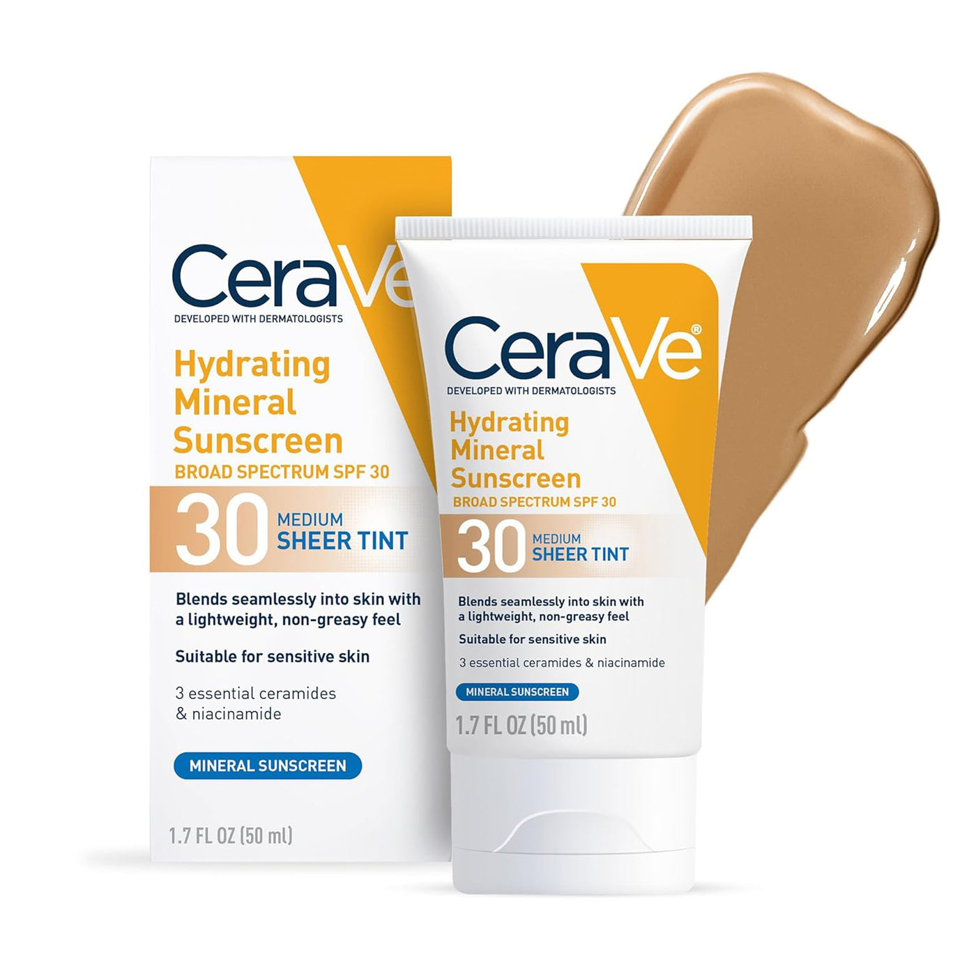 CeraVe Hydrating Mineral Sunscreen SPF 30 with Sheer Tint | Tinted Face Sunscreen with Zinc Oxide, 1.7 oz