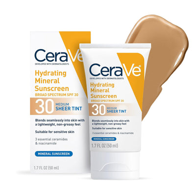 CeraVe Hydrating Mineral Sunscreen SPF 30 with Sheer Tint | Tinted Face Sunscreen with Zinc Oxide, 1.7 oz