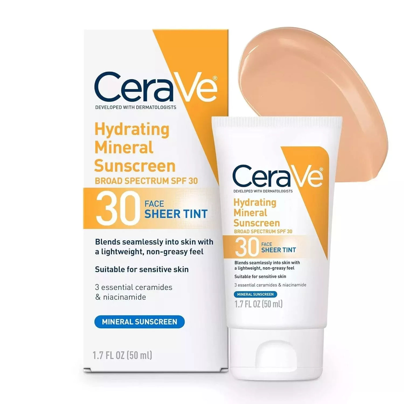 CeraVe Hydrating Mineral Sunscreen, Sheer Tint Face Sunscreen with SPF 30, 1.7oz